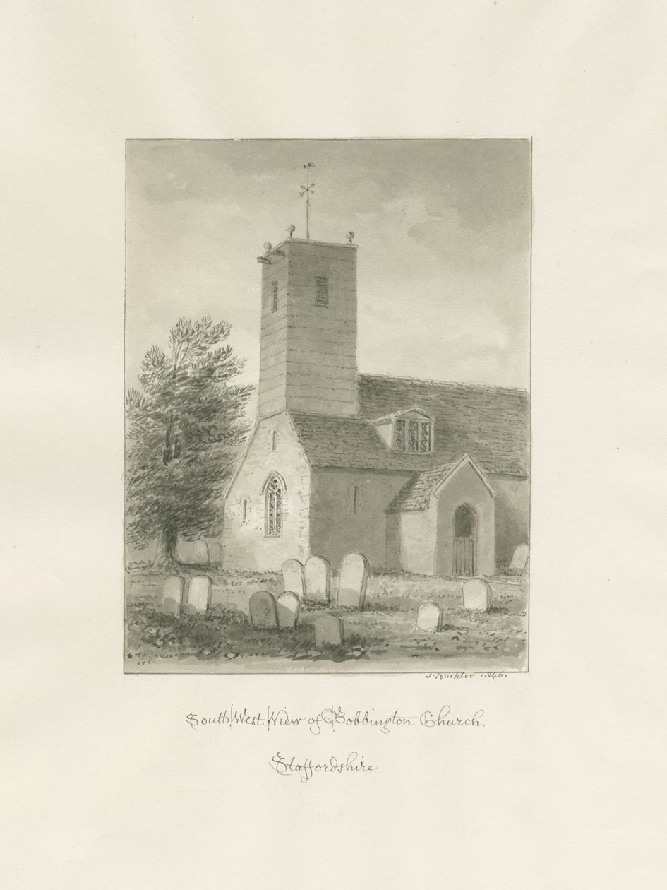 Bobbington Church: sépiová kresba od John Buckler
