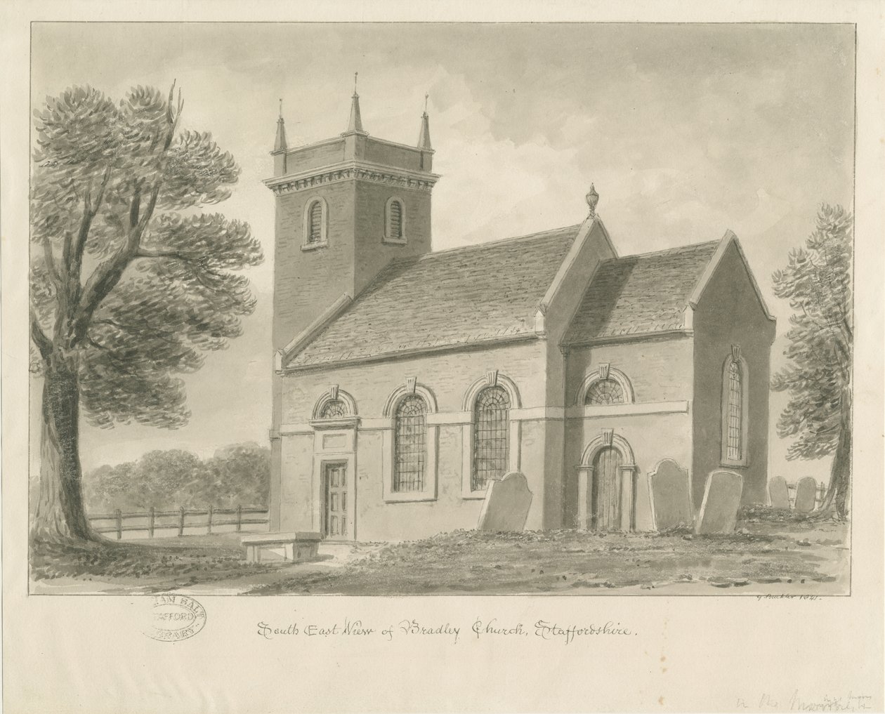 Kostel Bradley-in-the-Moors: sépiová kresba, 1841 od John Buckler