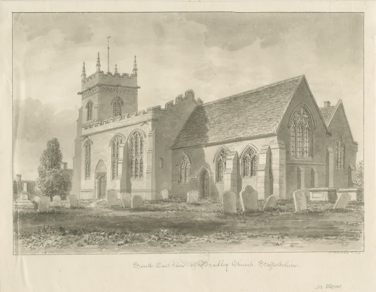 Bradley Church: sépiová kresba, 1842 od John Buckler