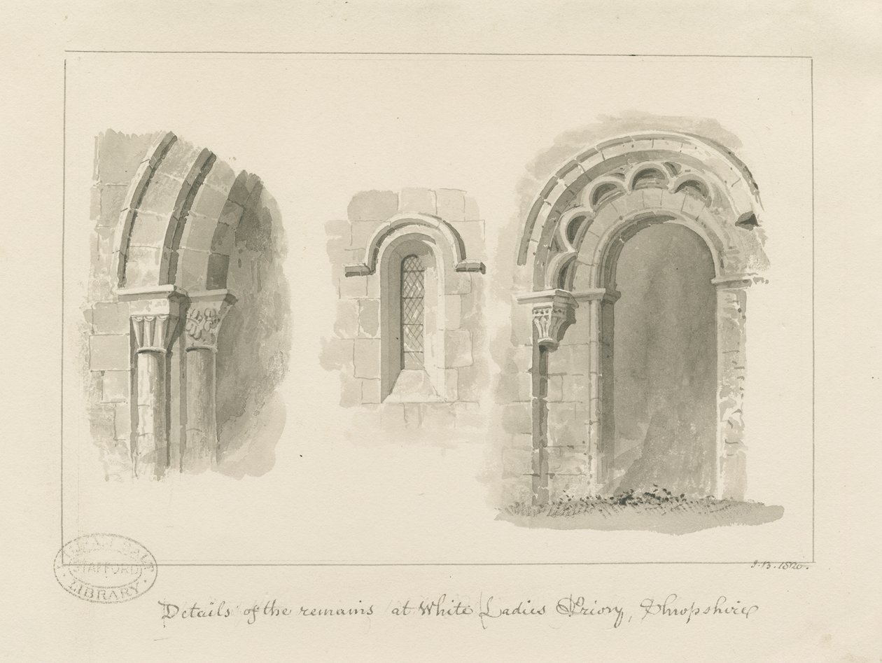 Brewood - Whiteladies Priory (Ruin) : sépiová kresba od John Buckler