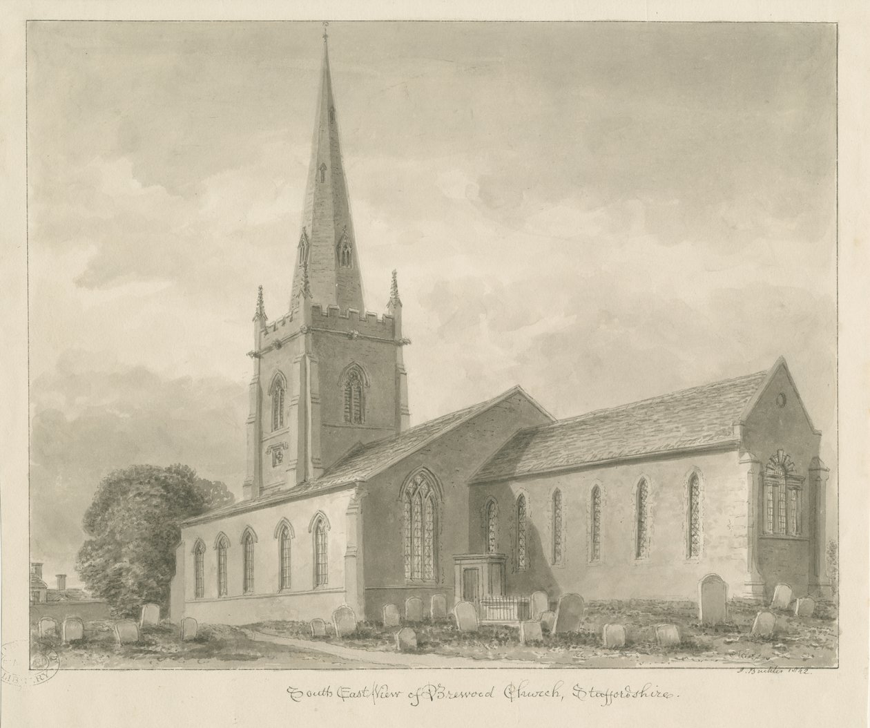Brewood Church: sépiová kresba od John Buckler