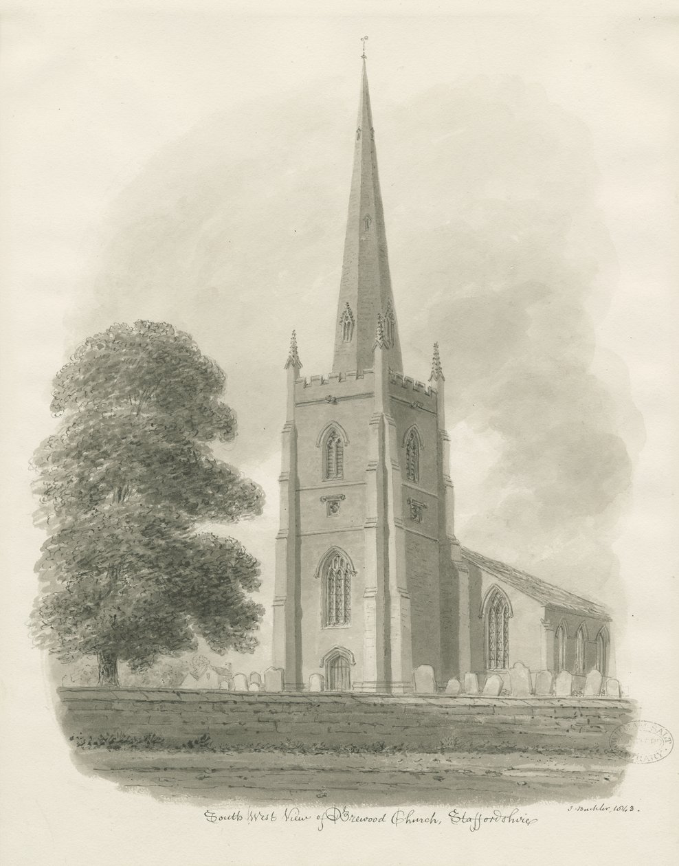 Brewood Church: sépiová kresba, 1843 od John Buckler