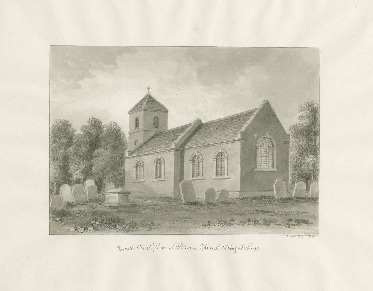 Kostel koštěte (nyní Worcestershire): sépiová kresba od John Buckler