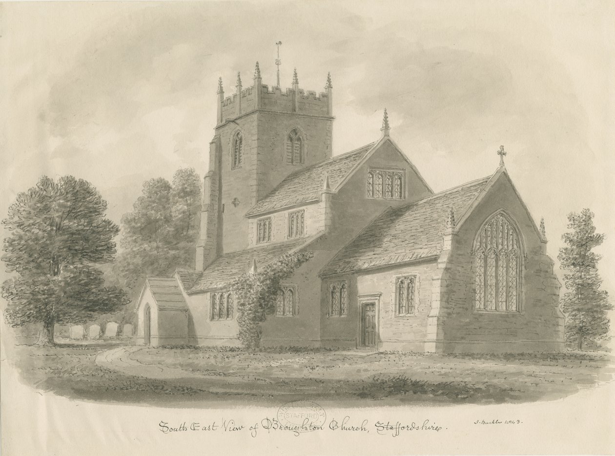 Broughton Church: sépiová kresba, 1843 od John Buckler