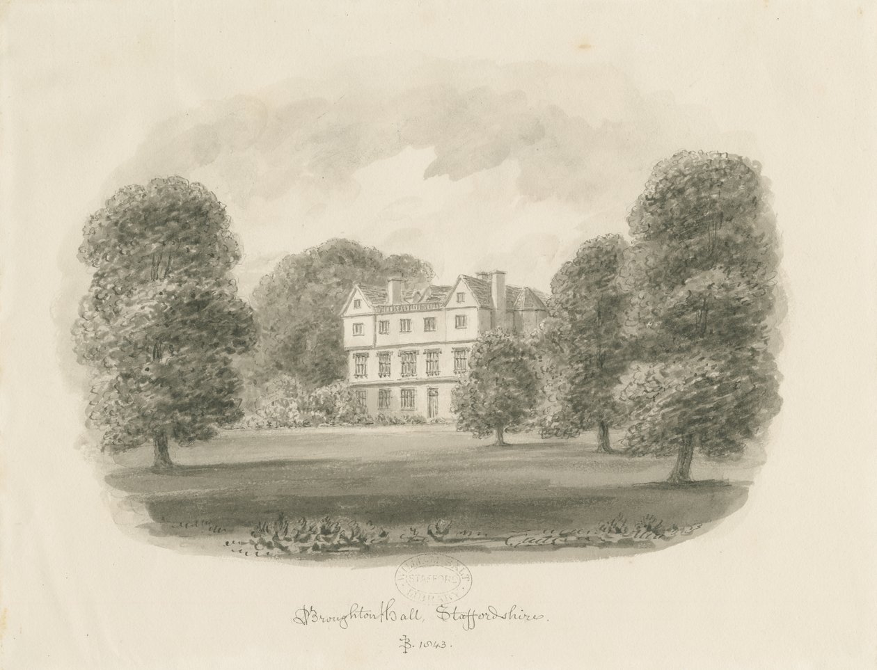 Broughton Hall: sépiová kresba od John Buckler