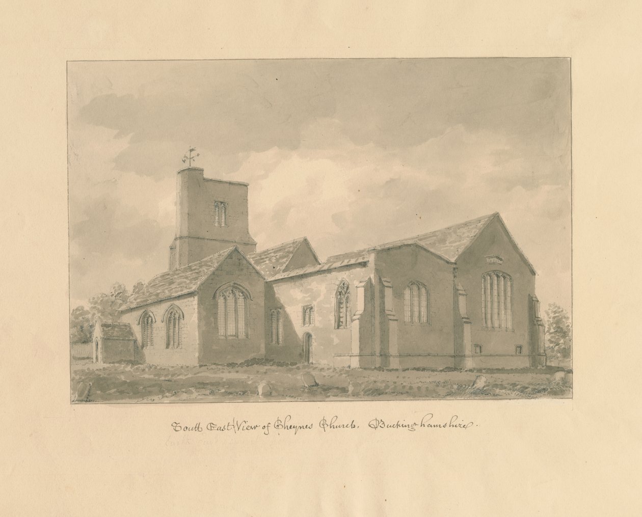 Buckinghamshire - Chenies Church: sépiová kresba, 1824 od John Buckler