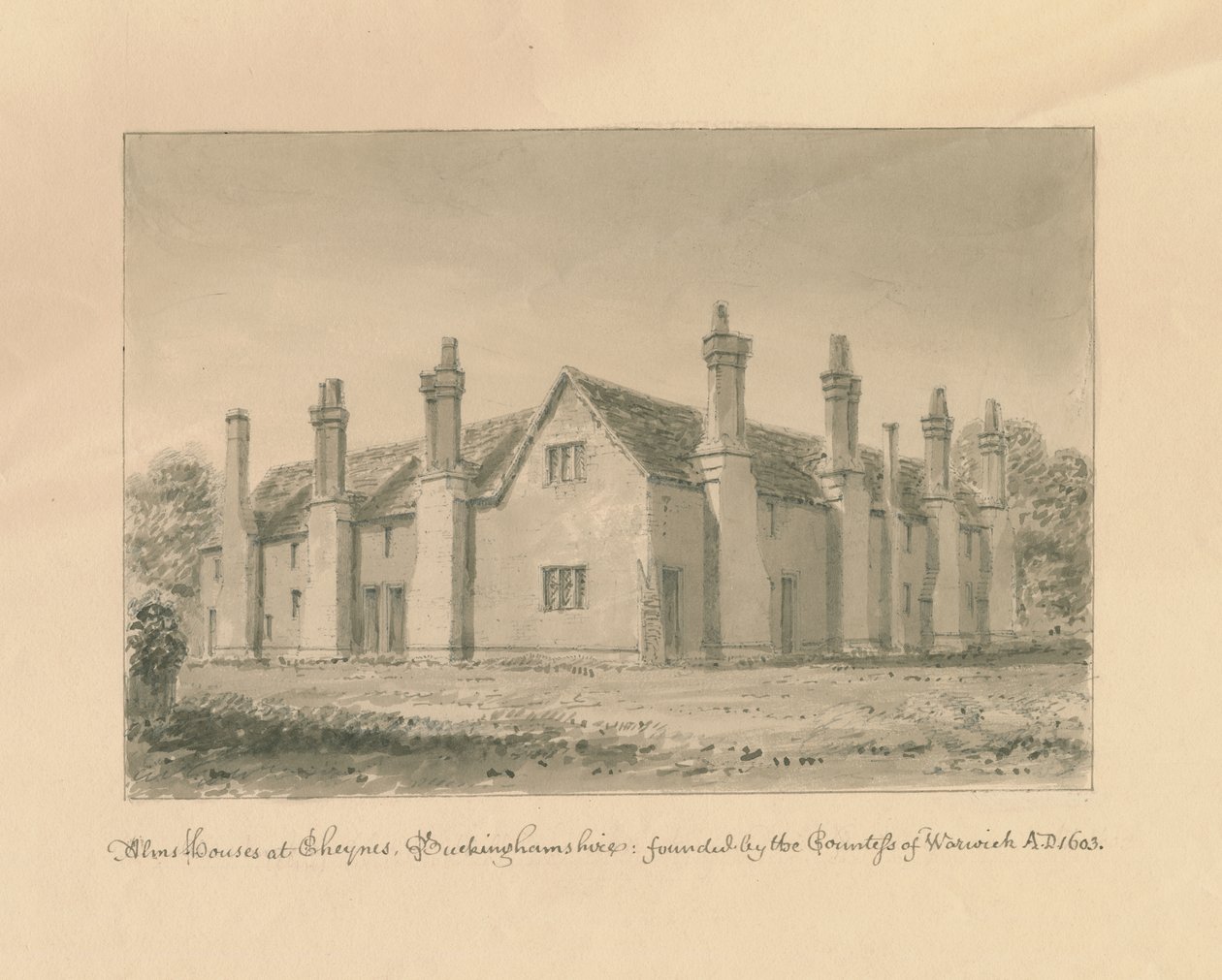 Buckinghamshire - Chenies Hall - Alms Houses: sépiová kresba, 1824 od John Buckler