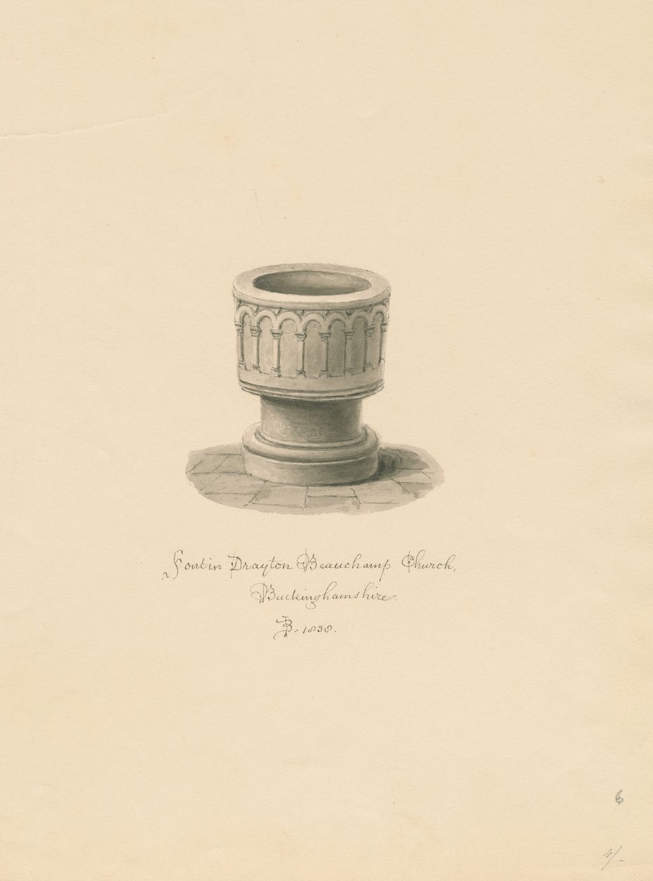 Buckinghamshire - Drayton Beauchamp Church: sépiová kresba, 1838 od John Buckler