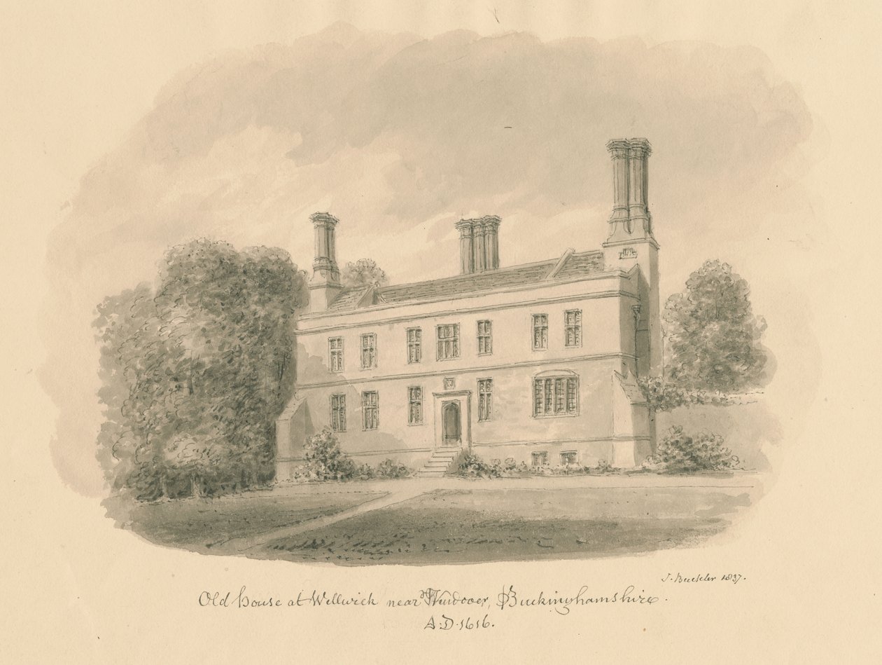 Buckinghamshire - Wellwick - Old House: sépiová kresba vinětovaná, 1837 od John Buckler