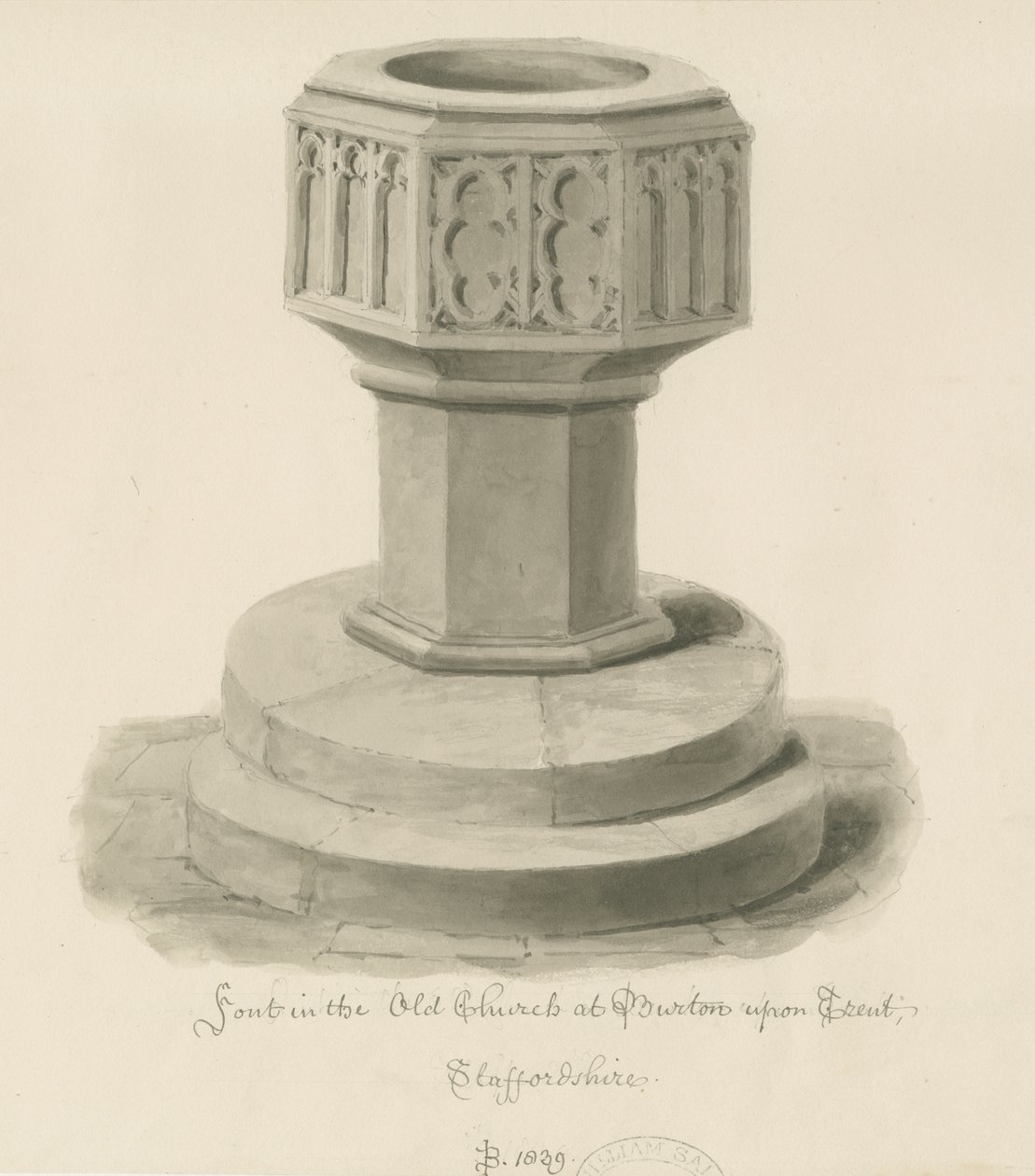 Burton-upon-Trent - Font ve starém kostele: sépiová kresba od John Buckler