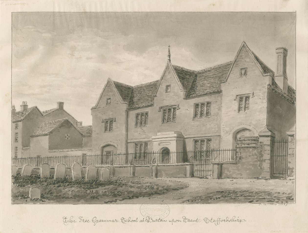 Burton-upon-Trent - Gymnázium: kresba v sépii od John Buckler
