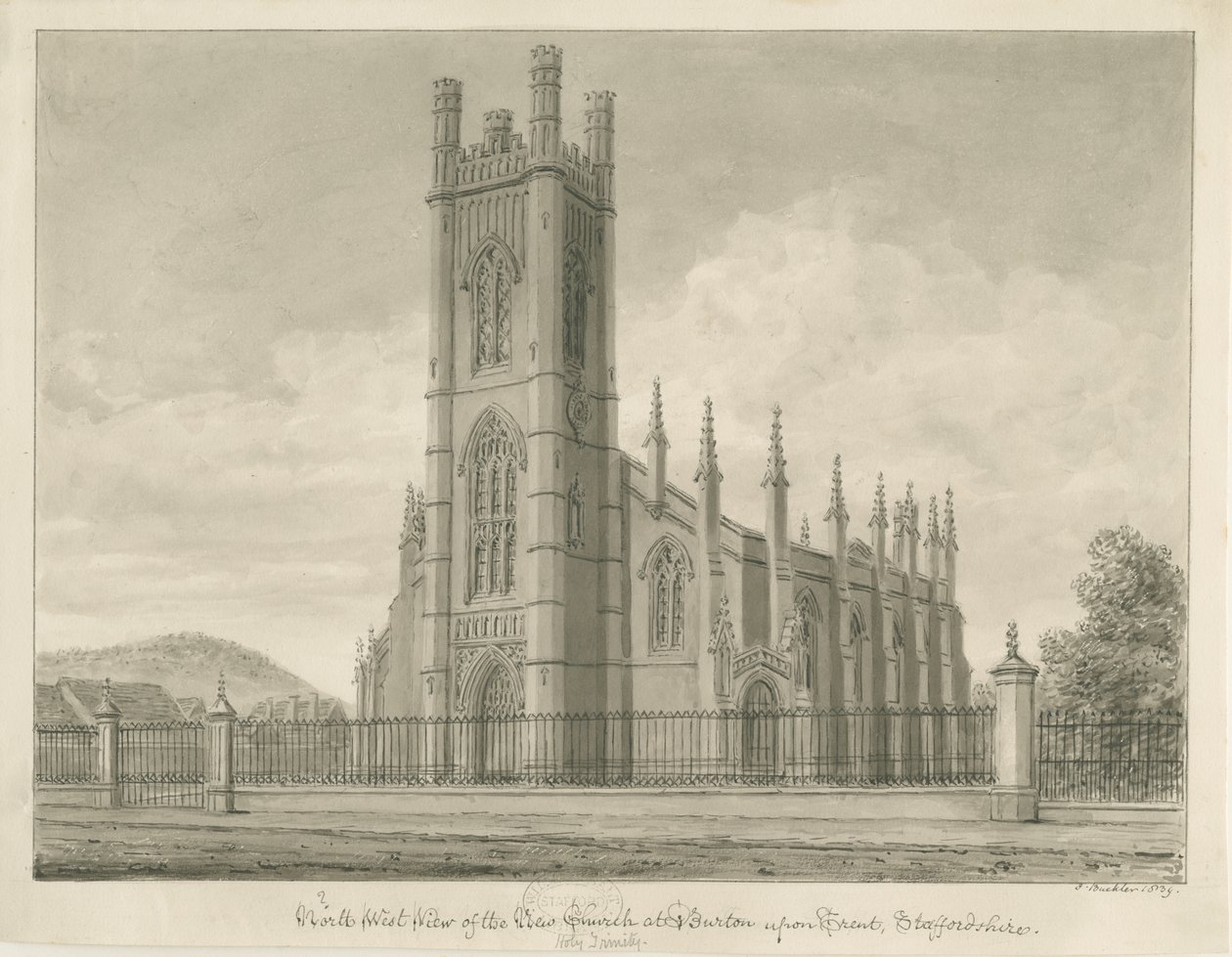 Burton-upon-Trent - Kostel Nejsvětější Trojice: sépiová kresba, 1839 od John Buckler