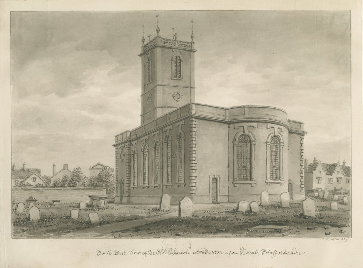 Burton-upon-Trent - Starý kostel: sépiová kresba od John Buckler