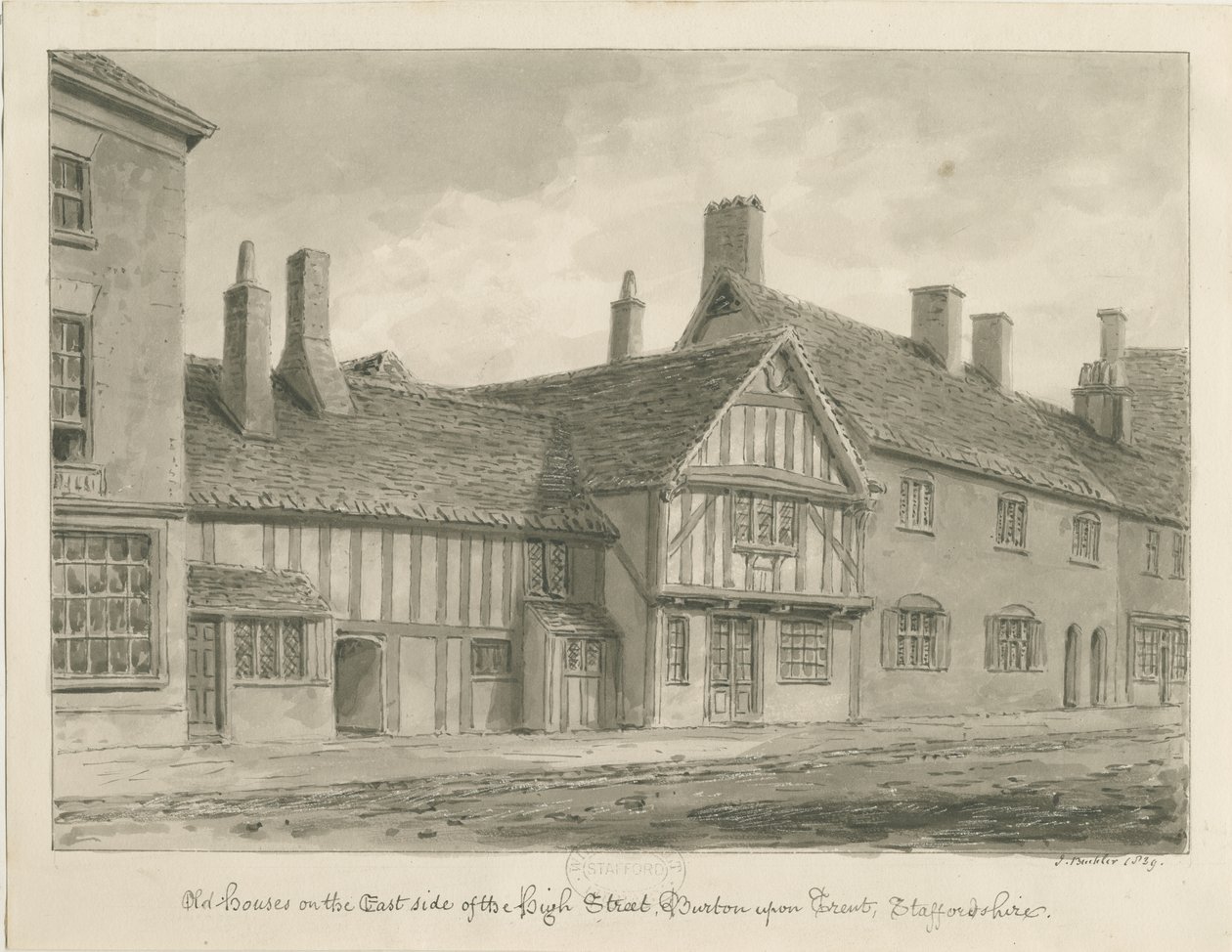 Burton-upon-Trent - Staré domy na High Street: sépiová kresba od John Buckler