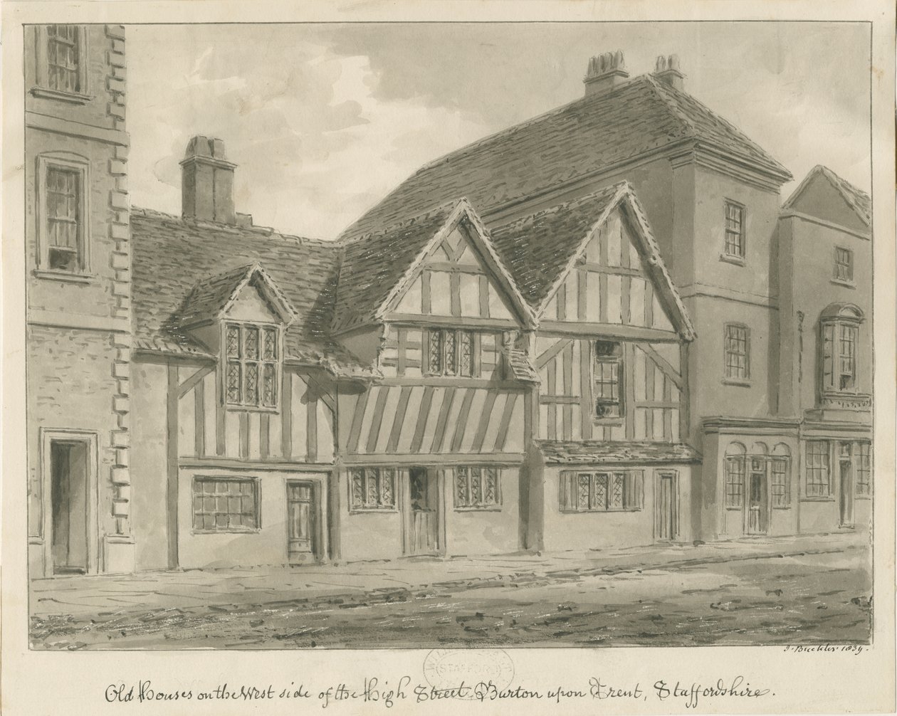 Burton-upon-Trent - Staré domy na High Street: sépiová kresba, 1839 od John Buckler