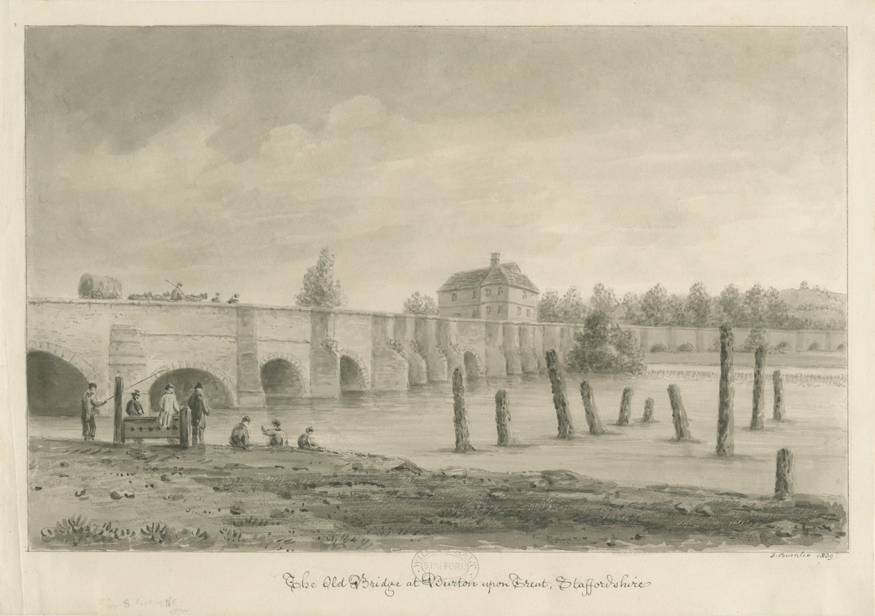 Most a město Burton-upon-Trent: sépiová kresba, 1839 od John Buckler