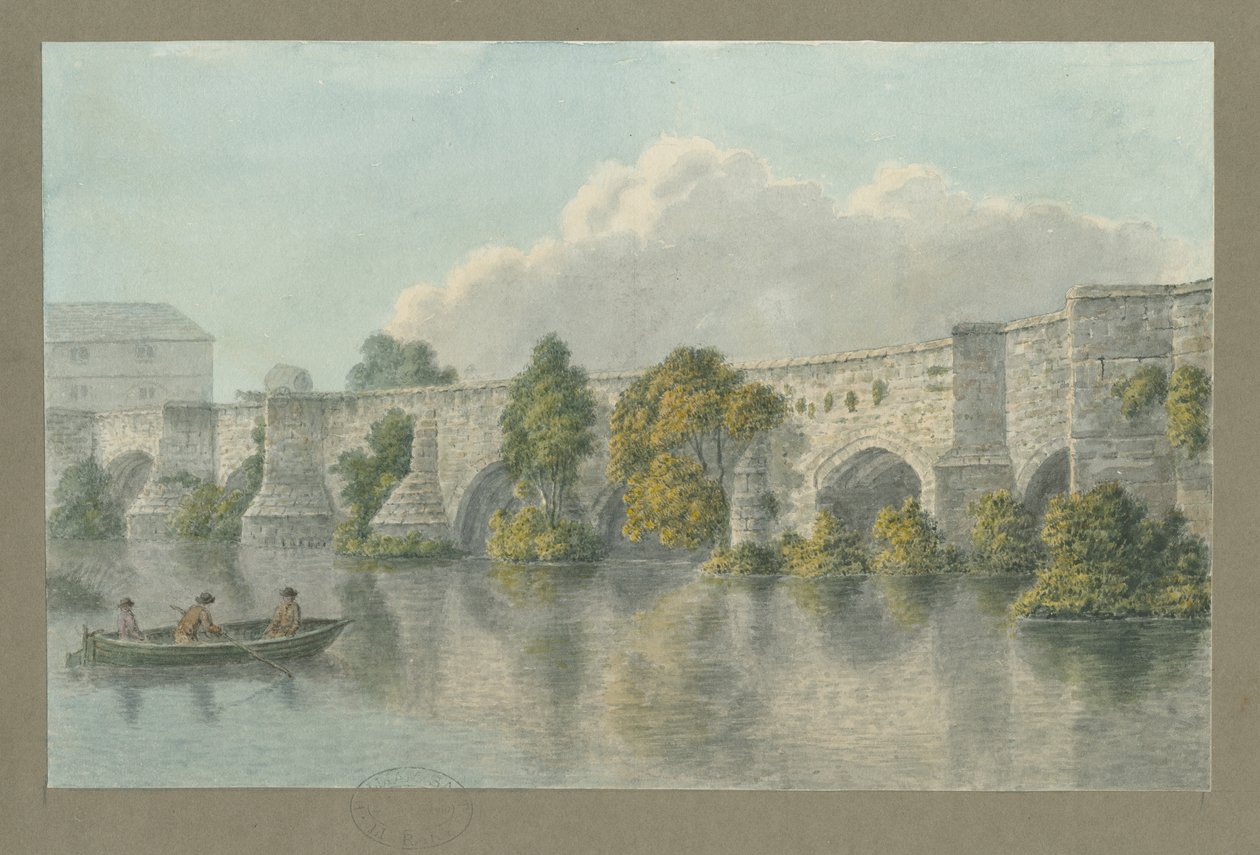 Burton-upon-Trent Bridge and Town: malba vodovými barvami a [~18. století] od John Buckler