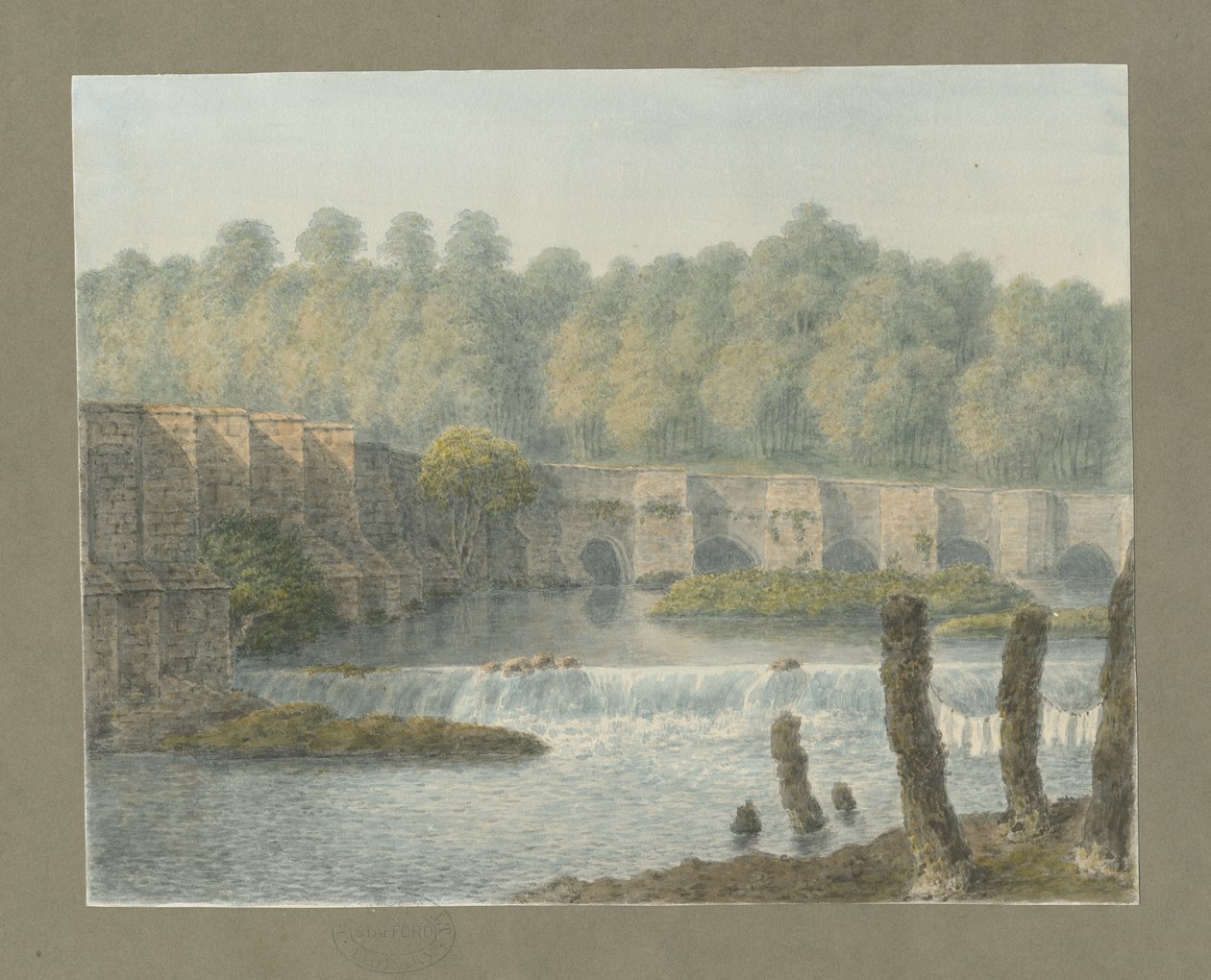 Burton-upon-Trent Bridge and Town: malba vodovými barvami a [~18. století] od John Buckler