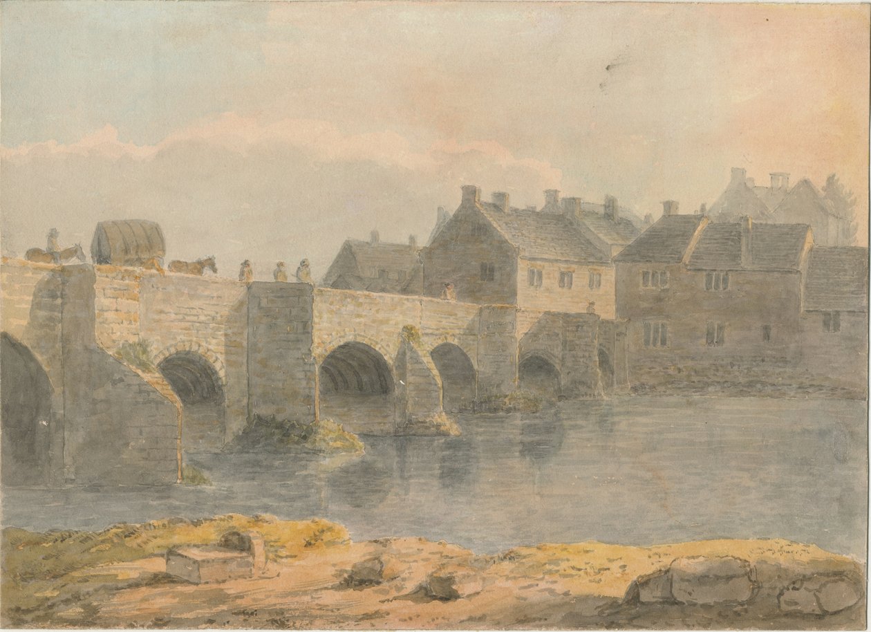 Burton-upon-Trent Bridge and Town: malba vodovými barvami a [~18. století] od John Buckler
