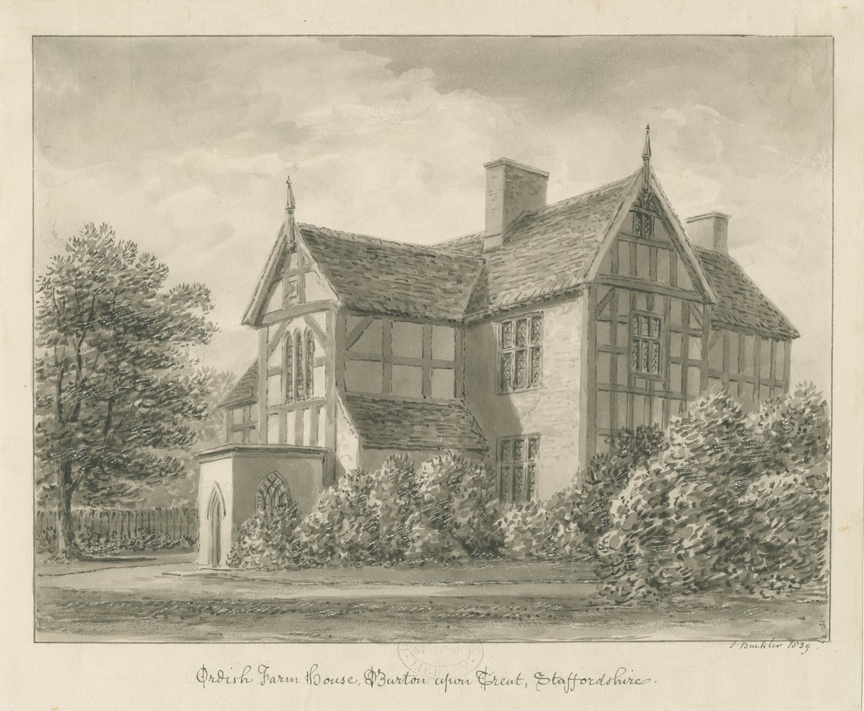 Burton-upon-Trent: Ordish Farm House: sépiová kresba, 1839 od John Buckler