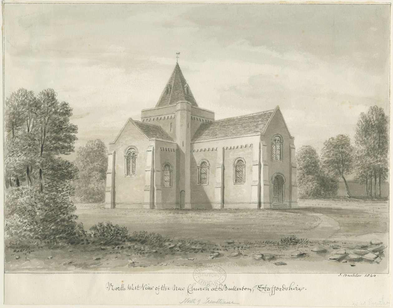 Butterton – kostel sv. Tomáše: sépiová kresba, 1844 od John Buckler