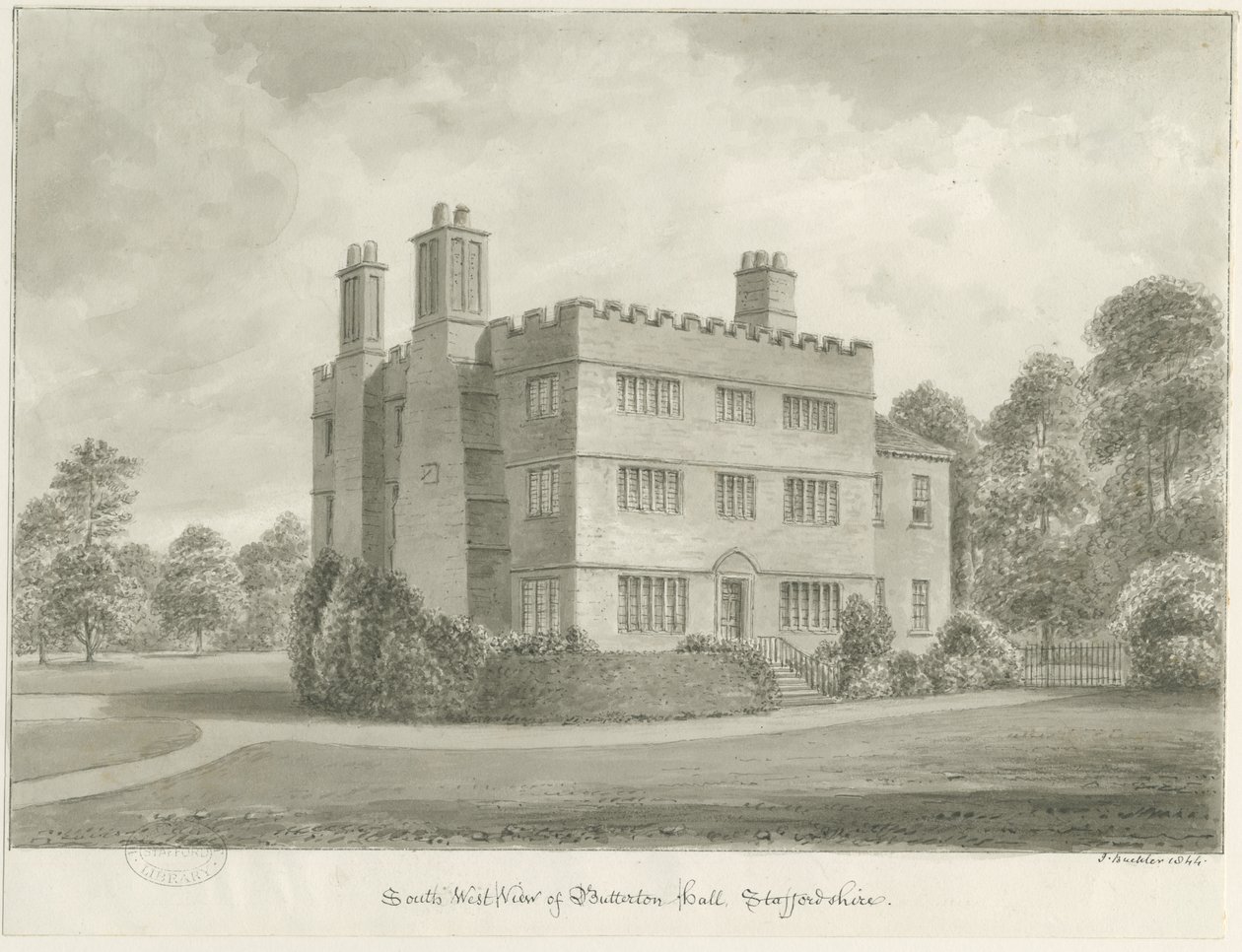 Butterton Hall: sépiová kresba, 1844 od John Buckler
