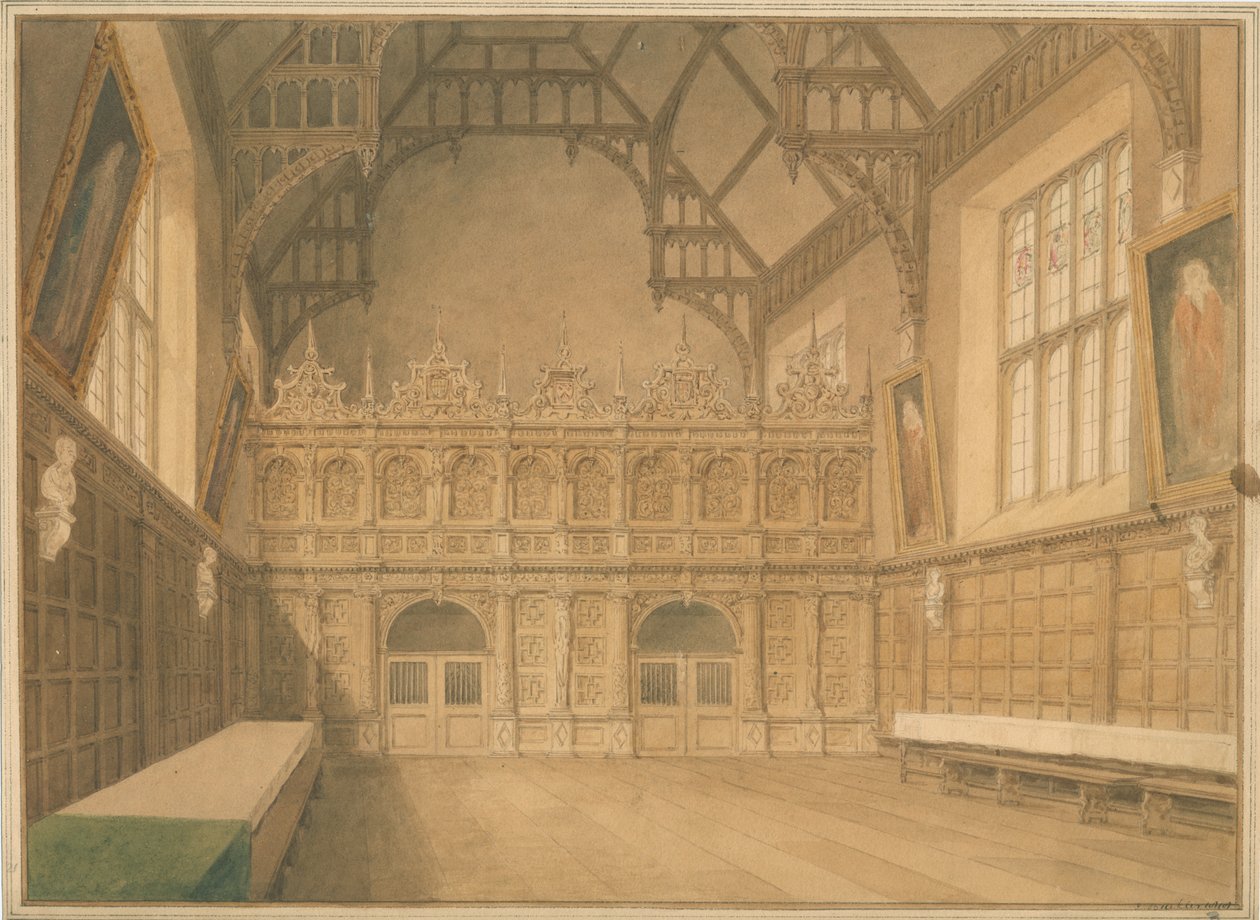 Cambridgeshire - Trinity College Hall - vnitřní pohled od John Buckler