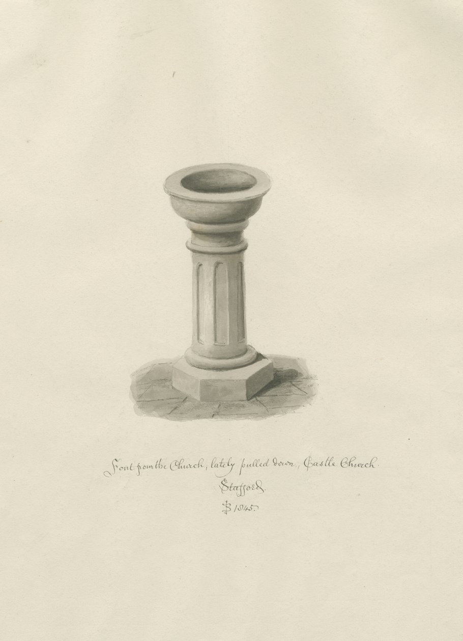 Castle Church - Font in Church: sépiová kresba od John Buckler
