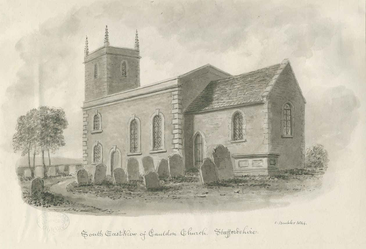 Cauldon Church: sépiová kresba, 1844 od John Buckler
