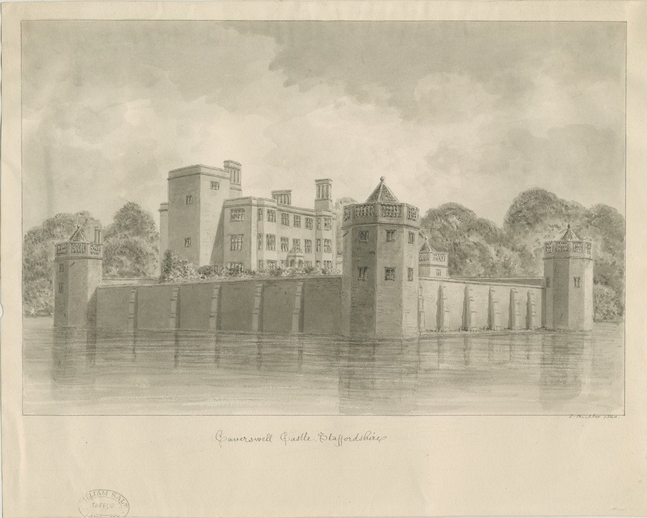 Caverswall Castle: sépiová kresba od John Buckler