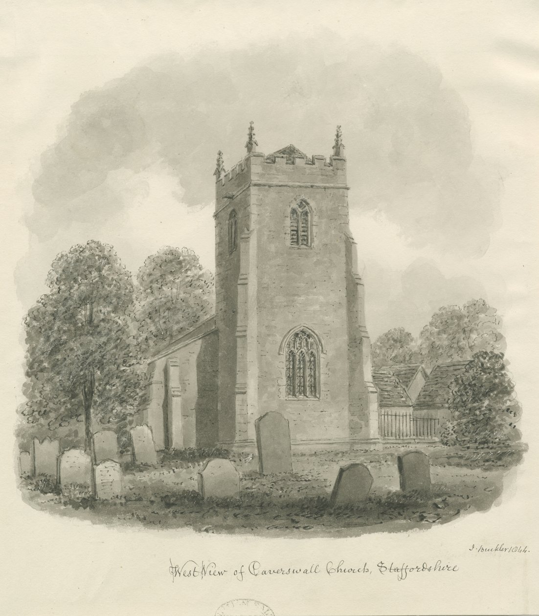 Caverswall Church: sépiová kresba od John Buckler