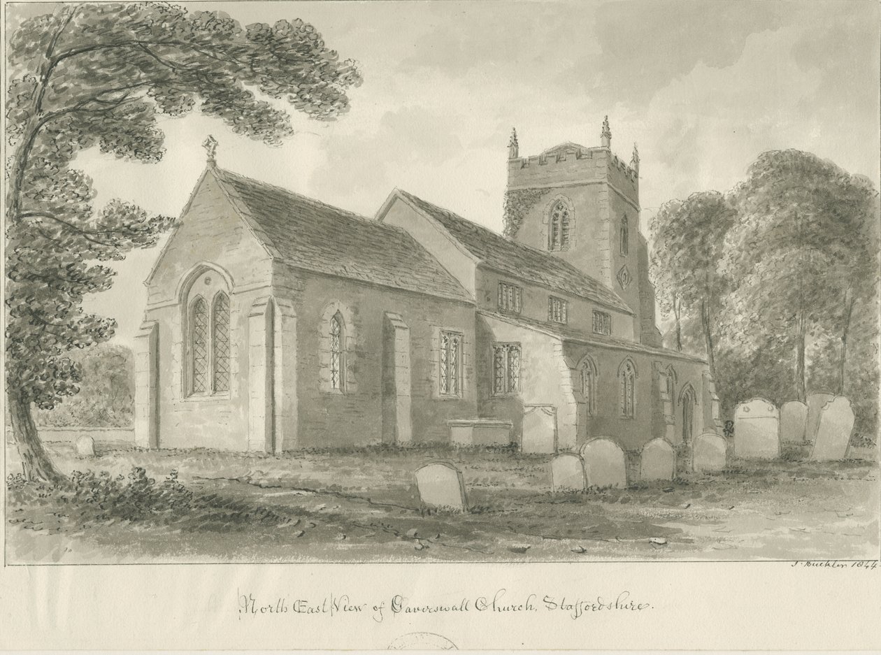 Caverswall Church: sépiová kresba od John Buckler