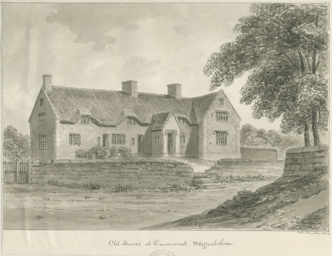 Caverswall Village - Staré domy: sépiová kresba, 1840 od John Buckler