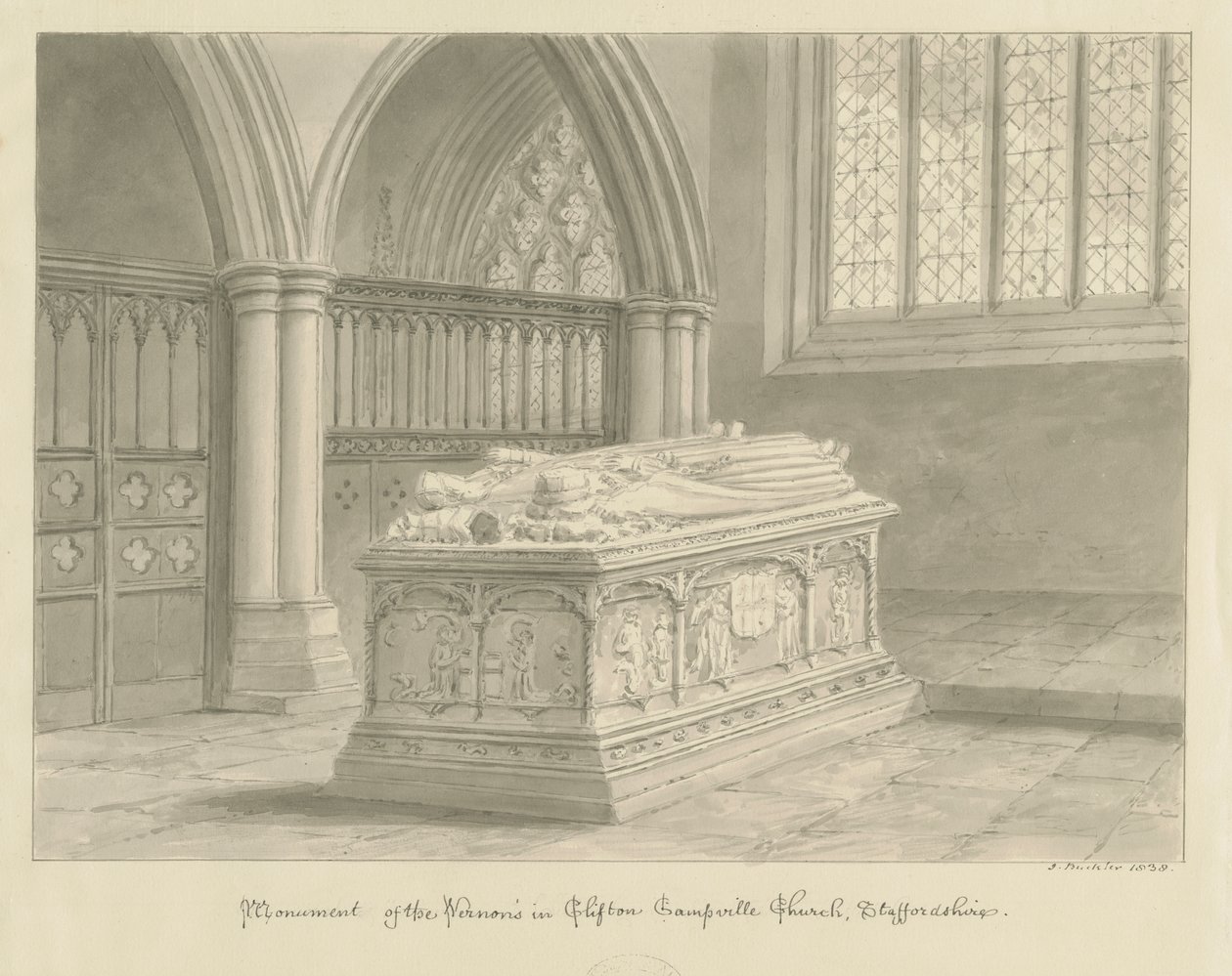 Clifton Campville Church - Vernon Monument: sépiová kresba od John Buckler