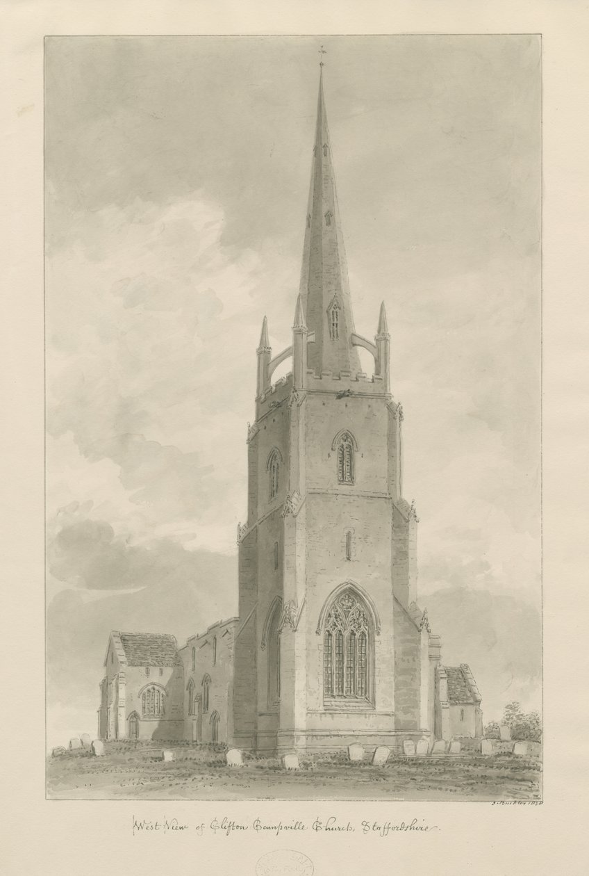 Clifton Campville Church: sépiová kresba, 1838 od John Buckler