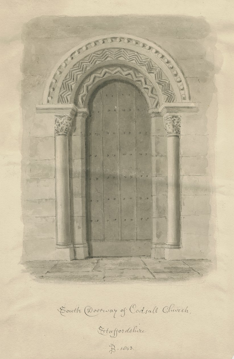 Codsall Church - South Doorway: sépiová kresba od John Buckler