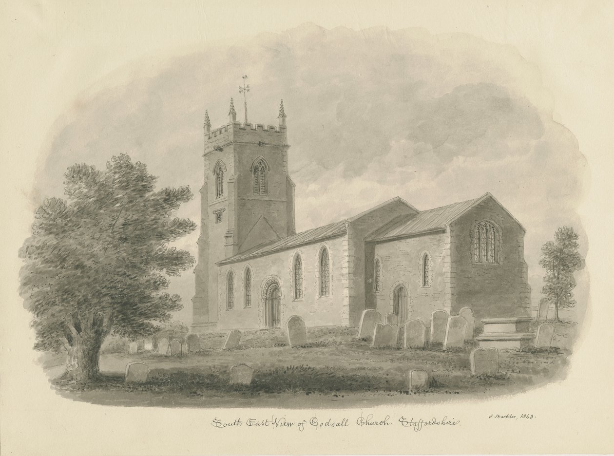 Codsall Church: sépiová kresba od John Buckler