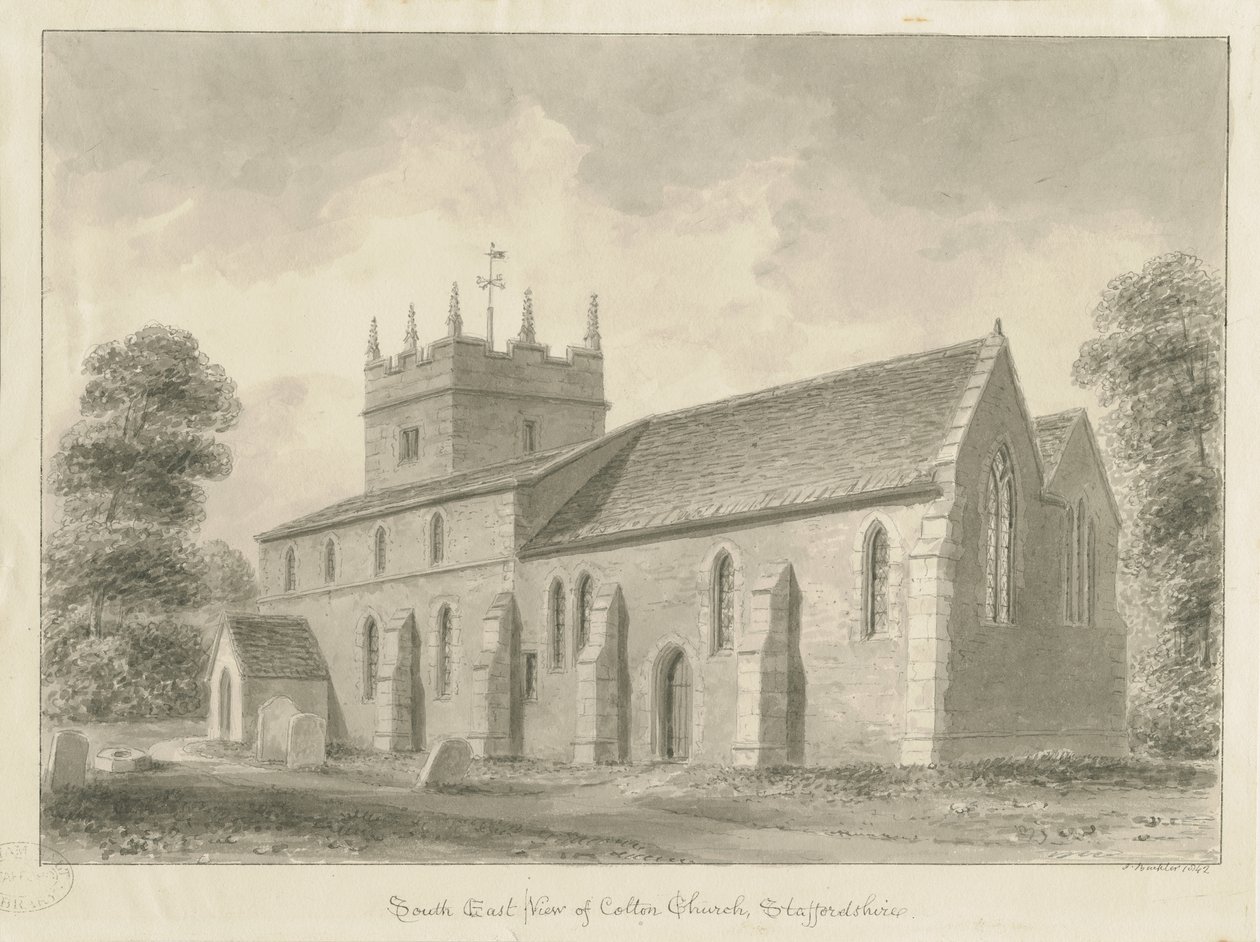 Colton Church: sépiová kresba, 1842 od John Buckler