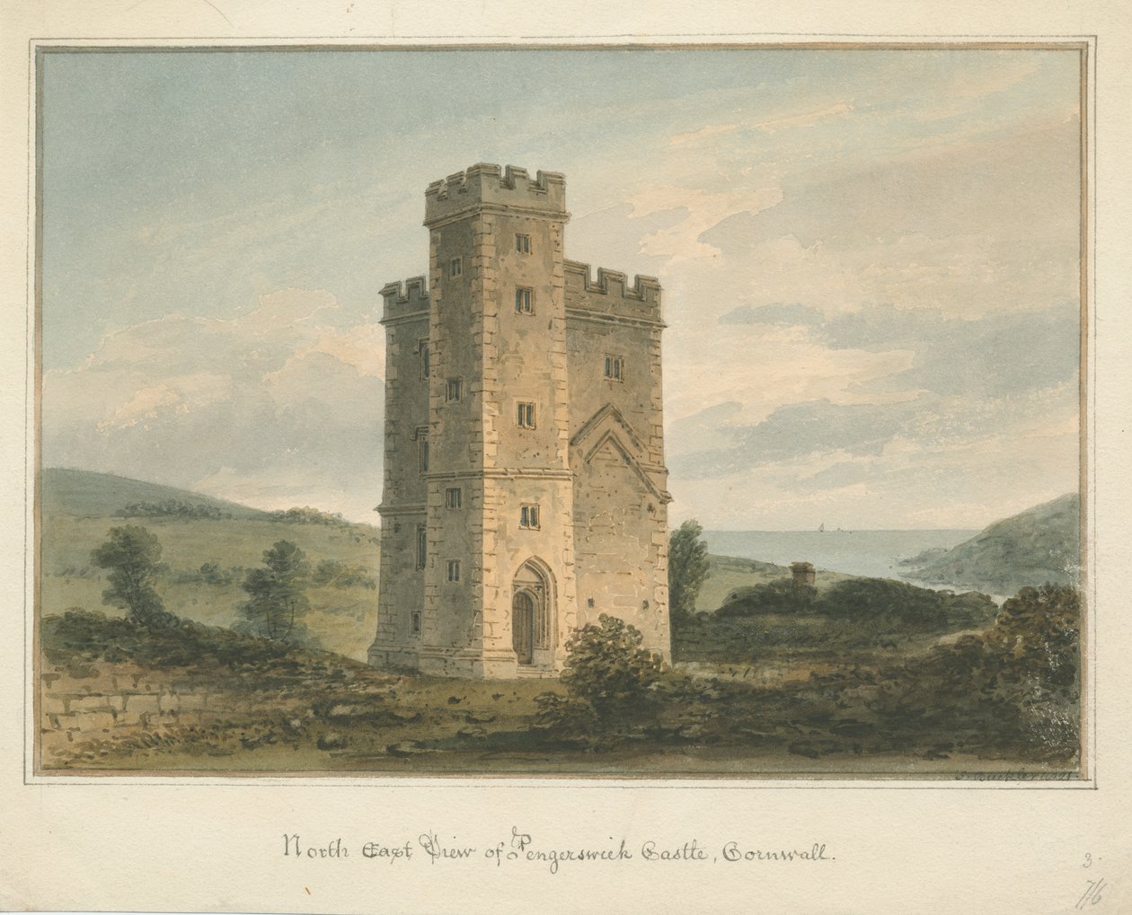 Cornwall – hrad Pengersick od John Buckler