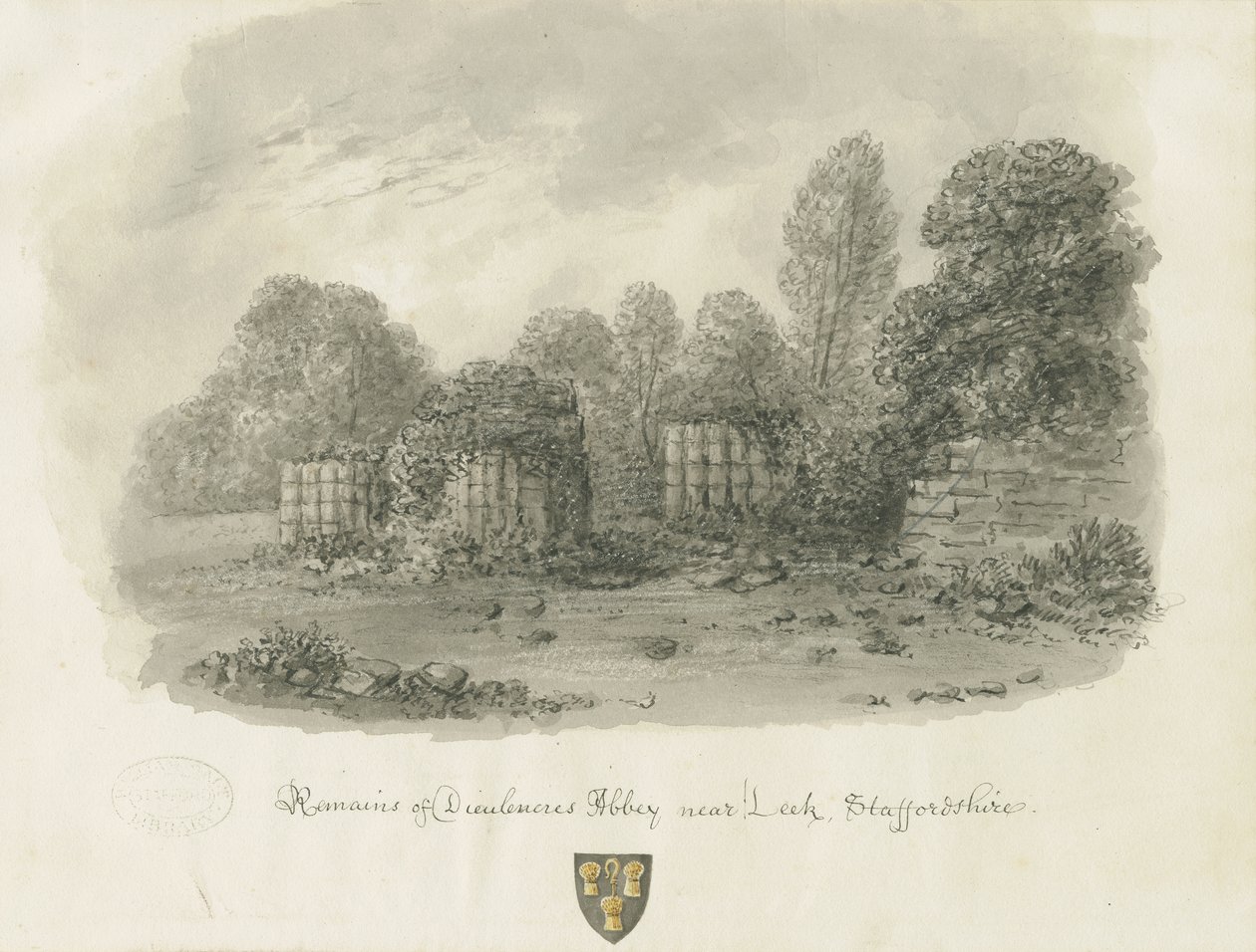 Dieulacres Abbey: sépiová kresba, 1847 od John Buckler