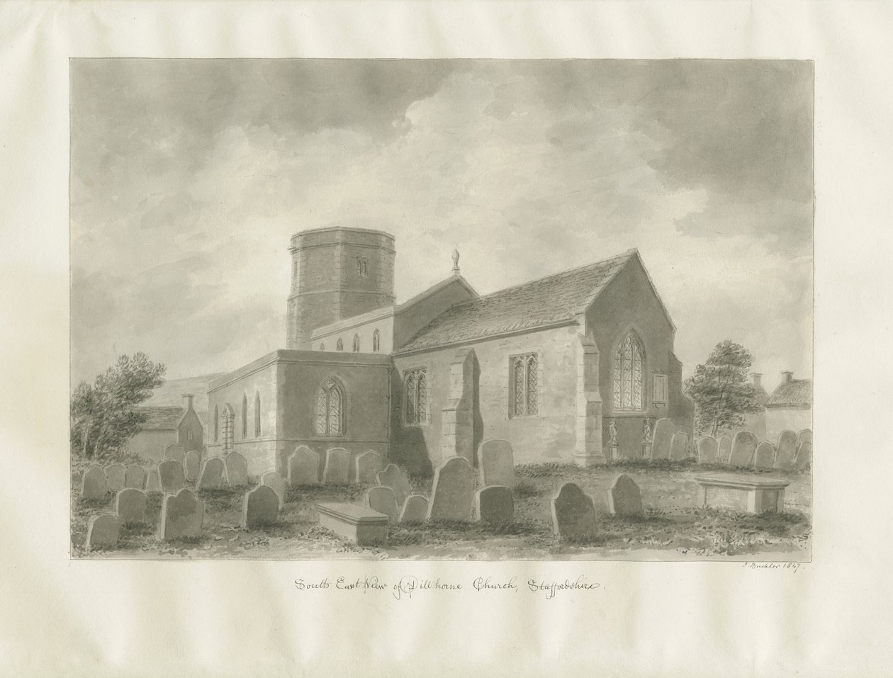 Dilhorne Church: sépiová kresba od John Buckler