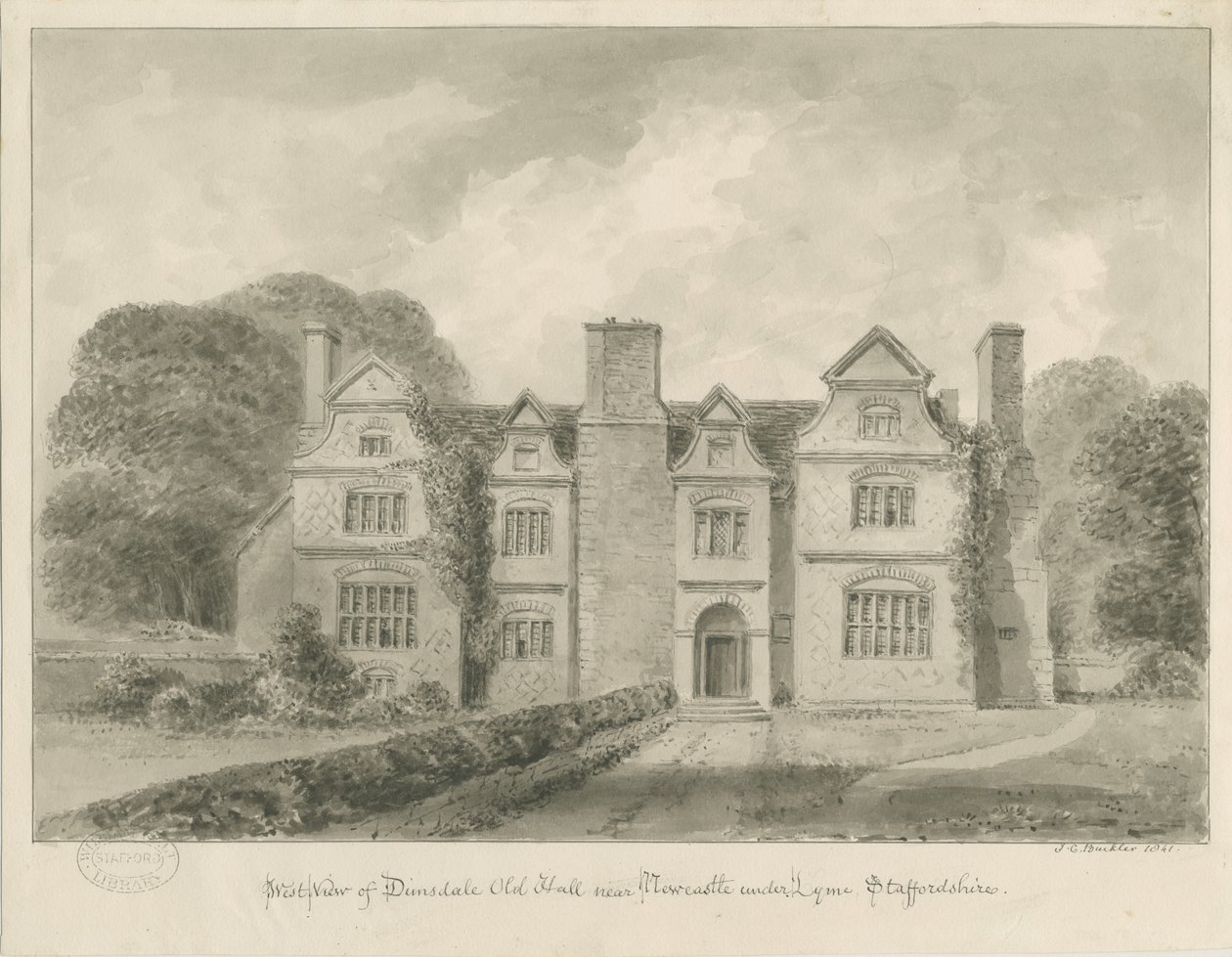 Dimsdale Old Hall: sépiová kresba, 1841 od John Buckler