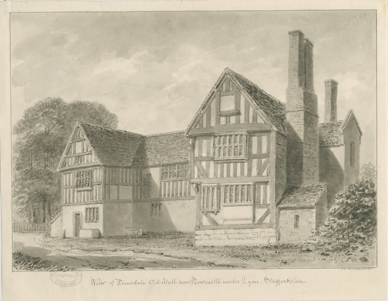 Dimsdale Old Hall: sépiová kresba, 1841 od John Buckler