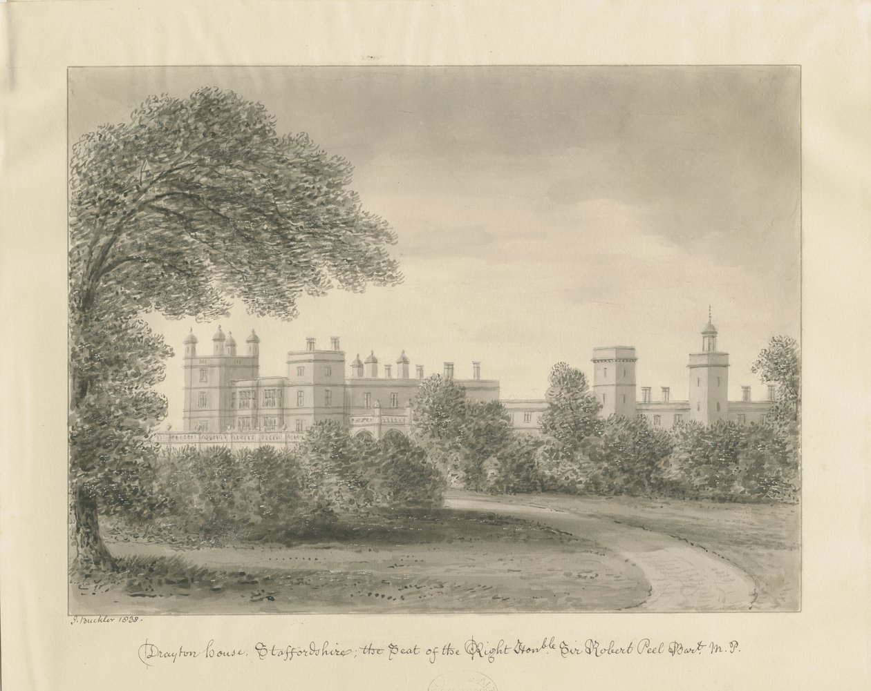 Drayton Bassett - "Drayton Manor": sépiová kresba, 1838 od John Buckler