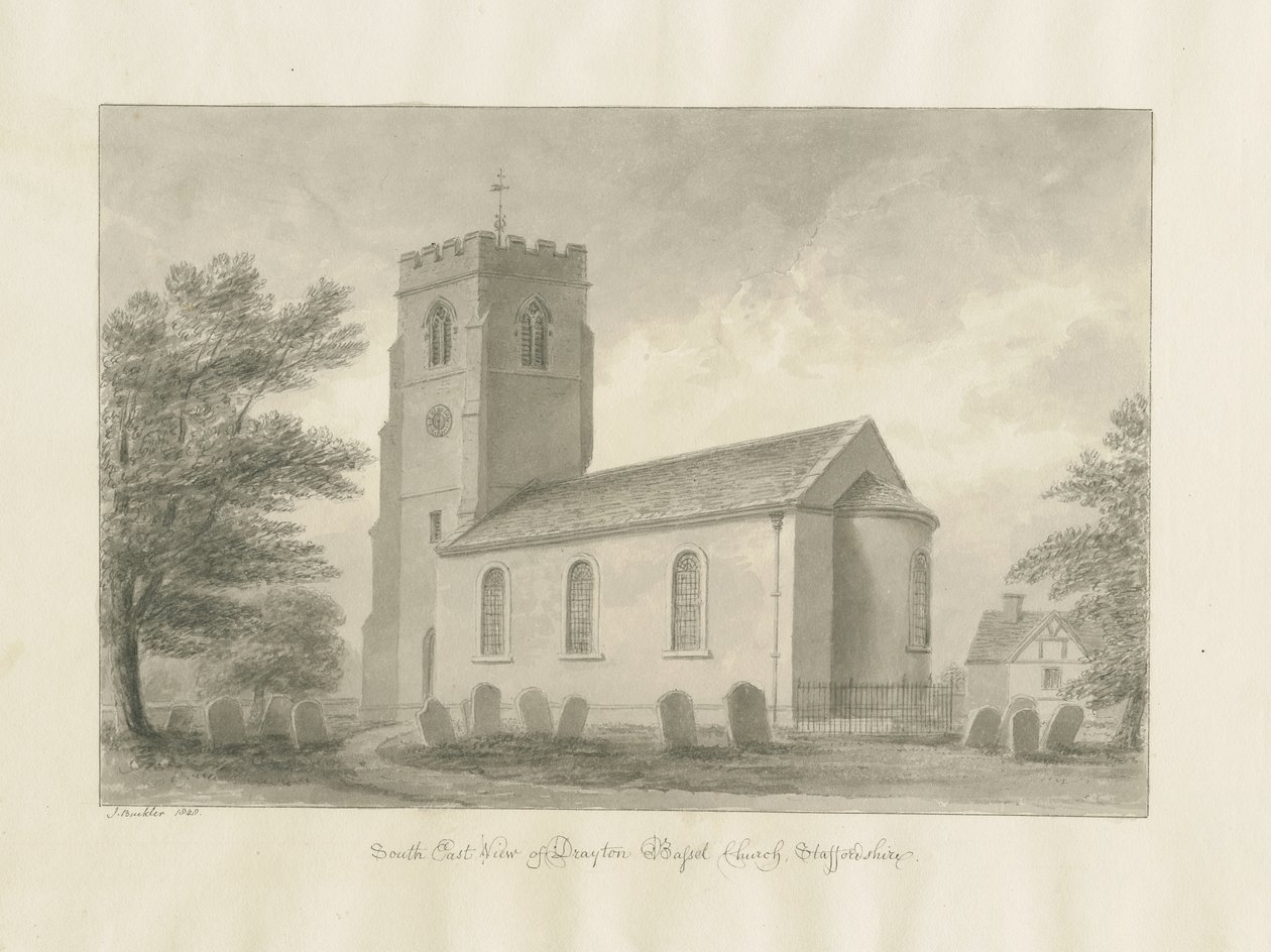 Drayton Bassett Church: sépiová kresba, 1848 od John Buckler
