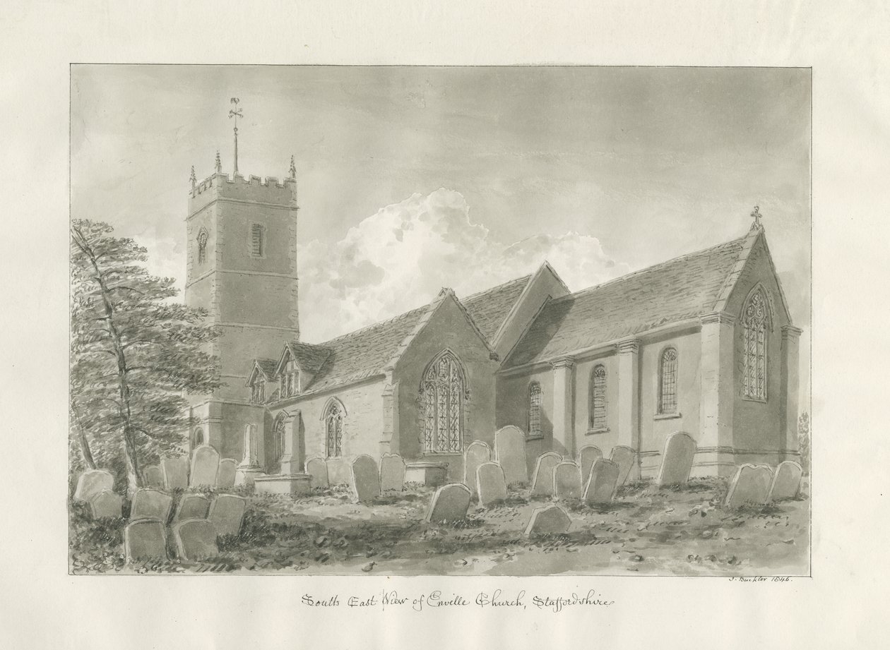 Enville Church: sépiová kresba, 1846 od John Buckler