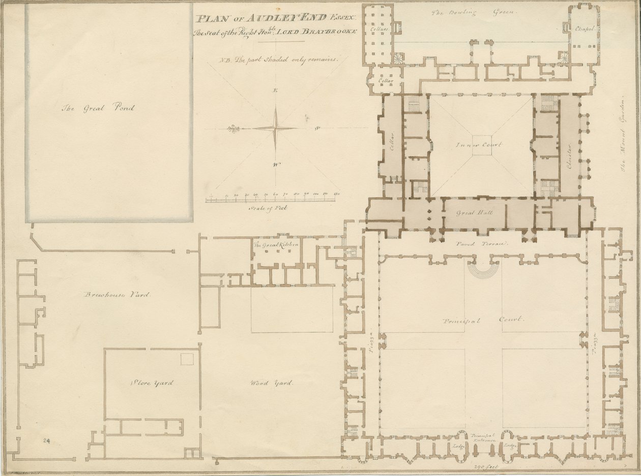 Essex - Audley End - Plán: sépiová kresba, 1815 od John Buckler