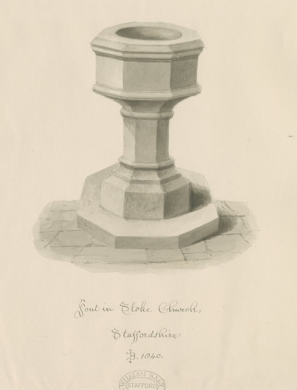 Font Stoke-upon-Trent Church: sépiová kresba od John Buckler