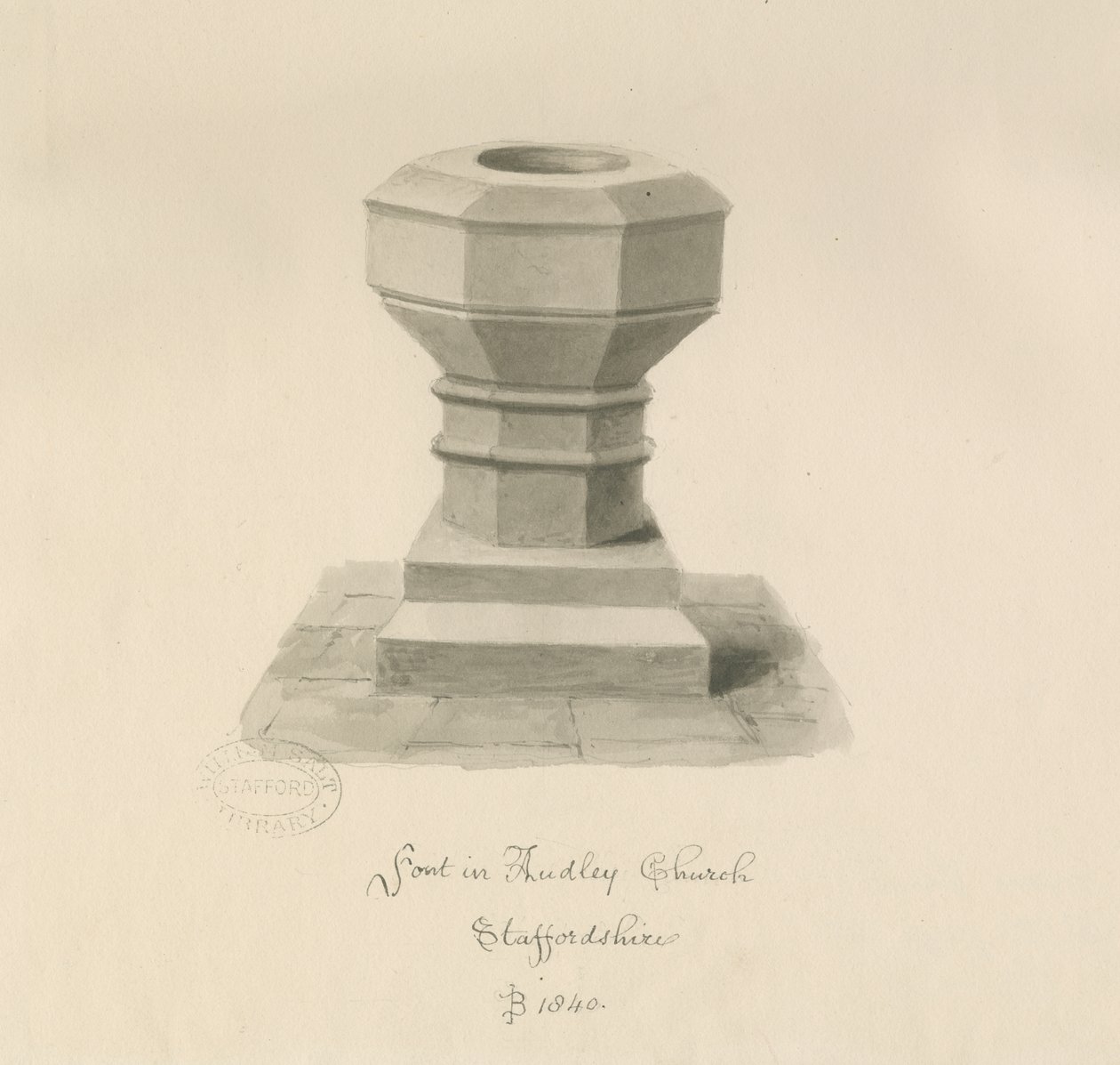 Písmo v kostele Audley: sépiová kresba, 1840 od John Buckler
