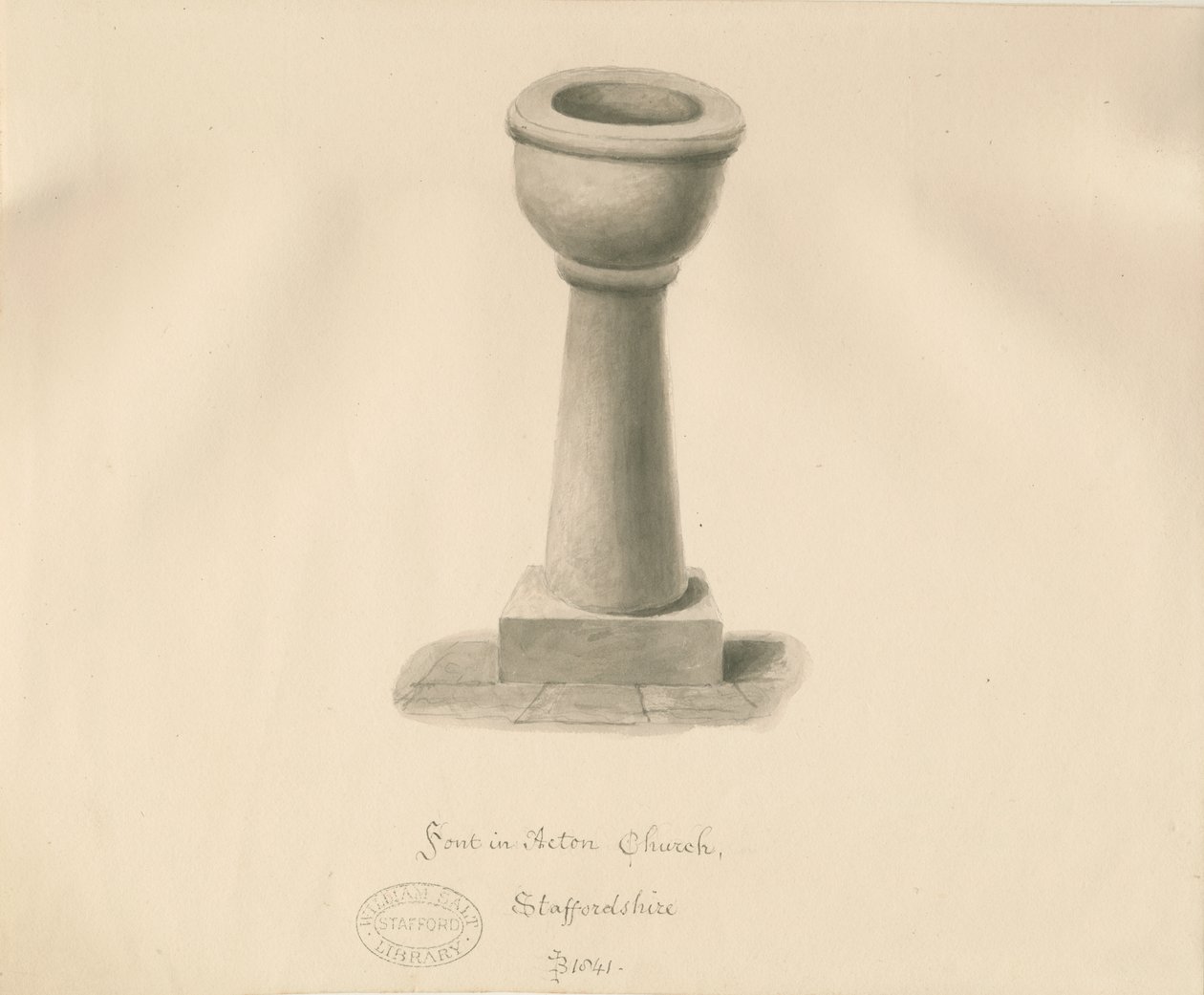 Písmo v Acton Trussell Church: sépiová kresba, 1841 od John Buckler